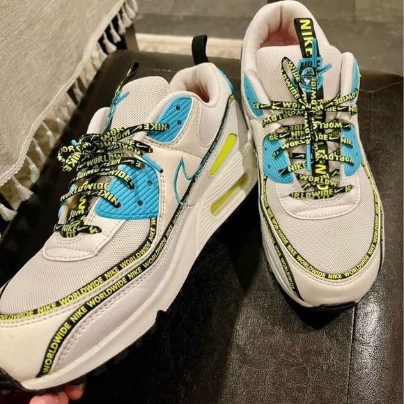 Nike Kids Air Max 90 SE White Blue Neon Green Sneakers - Picture 4 of 11